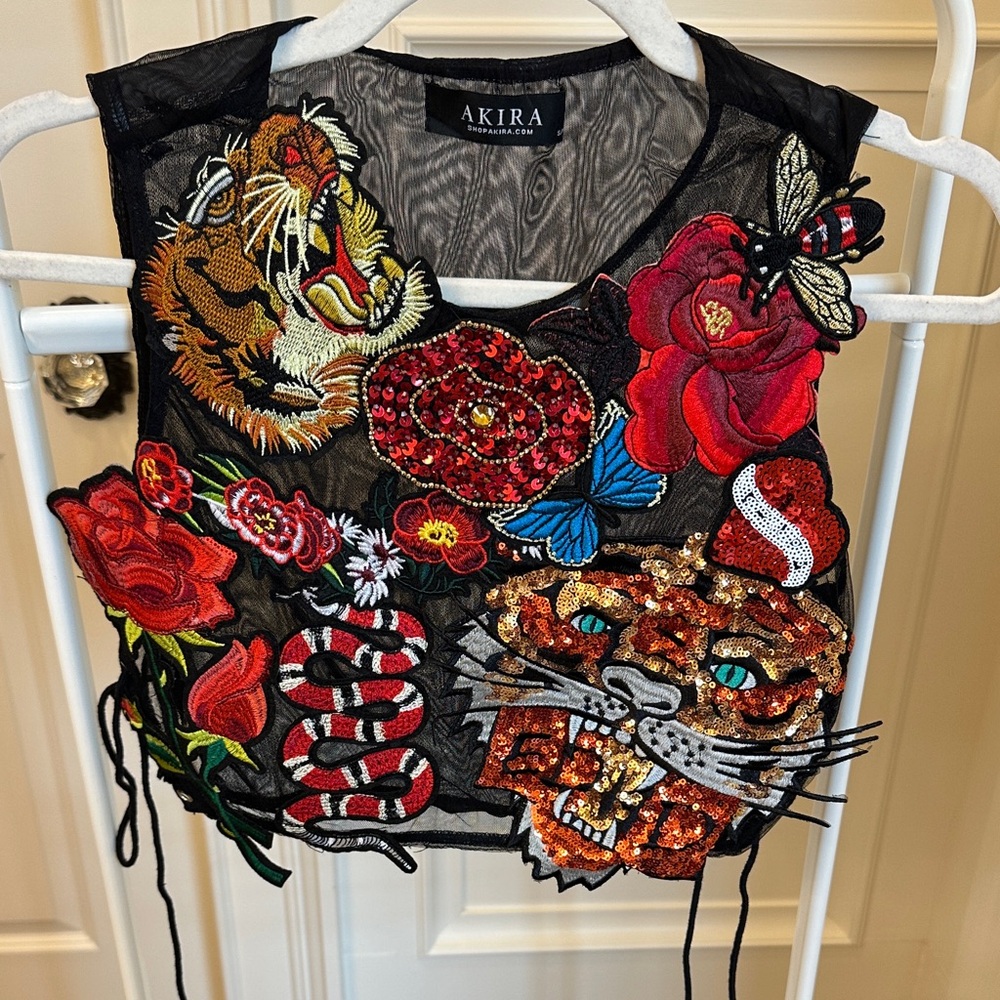 AKIRA Black Mesh Crop Top with Vibrant Embroidery & Sequins